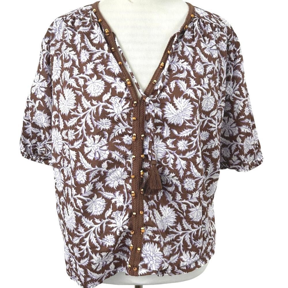 Old Navy Floral Boho Blouse Large Brown Lavender Beaded Tassel Tie Cotton Top